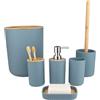 BM Set di Accessori da Bagno in Bambù e Plastica, Set Accessori Bagno Completo 6 Pezzi, Dispenser, Portaspazzolino, Bicchiere, Portasaponetta, Portascopino, Pattumiera (Blu Avio Rigato)