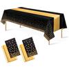 CAZSYSDD Confezione da 4 tovaglie in plastica usa e getta 137 x 274 cm e runner da tavola in raso, tovaglie per feste, coriandoli argentati a pois per compleanni (Black Gold+Gold Table Runner)