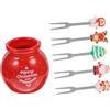 Garneck Set Da 5 Forchette Per Frutta e Dolci Di Natale in Acciaio Inossidabile Base in Ceramica Rossa, Leggere e Resistenti, Per Antipasti, Macedonie e Dessert Festivi