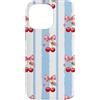 Sweet Pattern Studio Custodia per iPhone 14 Pro Max Motivo con fiocco di ciliegia | Estetica a righe blu coquette