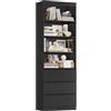 FirFurd 202 cm Libreria, Libreria Verticale con 4 Scomparti Aperti, Nero | Scaffale Salvaspazio con 3 Cassetti Scorrevoli,Librerie con Ripiani Regolabile,per Studio, Ufficio, Soggiorno,60x35x202 cm
