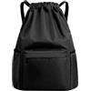 Rainway Sacca sportiva nera con coulisse, zaino per separazione a secco, in nylon, 40 x 30 x 15 cm, con scomparto per scarpe, tasca anteriore/laterale/impermeabile, per donna, adatta per laptop A4 e