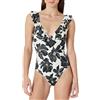 Amazon Essentials Costume da Bagno Intero con Scollo a V e Volant Donna, Crema Nero Floreale, 48
