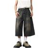 PADOLA Jeans Uomo a 3/4 Baggy Gamba Larga Pantaloni Cropped Denim Lavaggio Vintage Streetwear