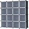 Yuenfong - Armadio organizer fai da te, sistema di scaffalature in plastica per vestiti, scarpe, giocattoli e libri, 16 scatole con porta, colore nero