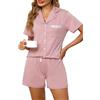 Lovasy Pigiama in Cotone Donna Estivo con Bottoni Davanti Pigiami Set Corta Pizzo Scollo a V e Maniche Corte 2 Pezzi Pigiami da Casa Leggero T-Shirt Pigiama,A-Nero,M