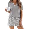 Demegimi Pigiama Donna Corto Estivo in Cotone, Completo Notte Due Pezzi con Maglia Scollo a V e Pantaloncini a Righe, Set Loungewear Comodo e Morbido