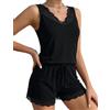 Demegimi Pigiama Donna Estivo Sexy Pigiami Notte in Cotone con Rifiniture in Pizzo, Canotta Scollo a V e Pantaloncini con Coulisse, Set Loungewear S-XXL