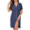 Lovasy Camicia da Notte in Cotone Donna Estiva Manica Corta Abito da Notte Allattamento con Scollo a V Pigiama Vestaglia Bottoni Davanti con Tasche,A-Blu,XL