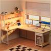 YOUDENOVA Scrivania Gaming con Pannello Forato e Libreria Tavolo Salvaspazio con Cassetti Scrivania Angolare Reversibile con LED e Prese 155x100x152cm Bianco