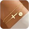 TINGN Bracciale da donna in oro con croce - placcato oro 14 carati a strati personalizzati con lettere monogramma fette bracciale da donna in oro oro placcato battesimo regalo per donne adolescenti