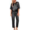Ekouaer Pigiama Donna Estivo Pigiami Due Pezzi Pantaloni in Raso Camicia da Notte Manica Corta Comodi, Nero, S