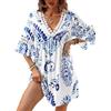 CUPSHE Vestito da donna con scollo a V, in pizzo, mini, estivo, a maniche 3/4, con polsini arricciati, casual, prendisole, da spiaggia, vestito estivo, Blu, XS