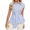 GRACE KARIN Top a righe da donna estivi Camicia in cotone con peplo elegante informale da ufficio Camicetta con fiocco frontale a maniche corte Tunica, Azzurro, XL