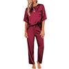 Ekouaer Pigiama Donna Estivo Camicia da Notte Manica Corta Pigiami Due Pezzi Pantaloni Satinato Morbida, Vino Rosso, M