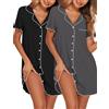 Ekouaer Camicia da Notte Donna Estiva in Due Pezzi Indumenti Maniche Corte Pigiama con Bottoni Confortevole Abito da Notte Aperta Davanti Scollo a V Nero/Grigio Scuro M