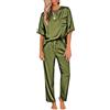 Ekouaer Donna Pigiama Estivo Pigiami Due Pezzi Manica Corta Satin Camicia da Notte Pantaloni Elegante, Army Green, S