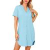 Lovasy Camicia da Notte Donna in Cotone Manica Corta Scollo a V Sexy Sottoveste Curvy con Bottoni Davanti Abito da Notte Estiva con Tasche,B-Azzurro Chiaro,XL