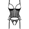 Selente Love & Fun Sensuale Completo Intimo a 3 Pezzi: guepiere, Tanga ed Esclusiva Benda per Occhi in Raso, Nero Aperto, M-L