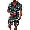 NaLatia Men's Spring/summer Leisure Sports Hawaii Beach Style Stitching Stripe Print Short Sleeved Shirt Pants Two Piece Set