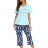 MIA LUCCE - Pigiama da donna, in due pezzi, estivo, in cotone, notte, casa, capri, maniche corte, top e pantaloni 3/4, taglie S-XXL, blu gatto, M