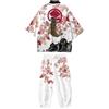 Doslavida - Set cardigan kimono giapponese da uomo, stile cinese, stampato, giacca e pantaloni, aperto sul davanti, a sette maniche, bianco/rosa, L