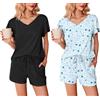 Ekouaer Pigiama Estivo Donna Corto Leggero Confezione da 2 Maniche Arricciate Scollo a V, Nero + Stelle Azzurre, M
