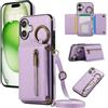 YANJIEER ESONG Cover per iPhone 17 Portafoglio Case con Cordino Cinturino e Ring,Custodia A Libro In Pelle Flip Cerniera,Caso per Donna Con Porta Carte,Magnetica,Supporto Viola