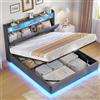 AOGLLATI Letto Matrimoniale 140x200 CM con Contenitore Idraulico | Struttura Letto Matrimoniale con 270° LED e Stazione di Ricarica Letto Imbottito con Testiera Velluto a Coste, Grigio Scuro