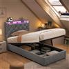 Poeahu Letto Contenitore 90x200 con Sommier LED e USB, Letto Singolo Contenitore con Spazio di Archiviazione Idraulico, Letti Singoli Imbottiti con Testiera Portaoggetti, Telaio per Letto Singolo