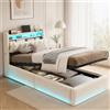 Poeahu Letto Contenitore 90x200 con Sommier LED e USB, Letto Singolo Contenitore con Spazio di Archiviazione Idraulico, Letti Singoli Imbottiti con Testiera Portaoggetti, Telaio Letto per 1 Persona