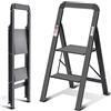 KINGRACK Scaletta 2 Gradini di Pieghevole, Scala in Alluminio con Corrimano, con Dispositivo di Protezione di Sicurezza. Gradini Antiscivolo, Massima 150kg, Nero