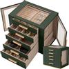 Granbest - Portagioie a 5 livelli con coperchio in vetro, organizer per gioielli ad alta capacità con cassetti e specchio, portagioie in PU per collane, orecchini, anelli, bracciali (verde scuro)