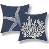 GOLIANDA - Set di 2 federe per cuscino blu navy con stelle marine e corallo, 40 x 40 cm, stile nautico, per spiaggia e oceano, decorazioni primaverili ed estive, in lino, per divano, decorazioni per