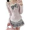 Goolecrimp Y2k delle Donne Carino Plaid Mini Gonna Set Adolescente College Stile Elegante Pizzo Kawaii Splicing Bowknot Manica Lunga Top due Pezzi Set