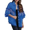KBOPLEMQ Giacca di jeans da donna oversize in denim casual con frange sfilacciate e nappe, giacca di jeans nera per donne, alla moda, con frange, strass, cowgirl, cappotti di jeans, giacca di jeans