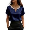 Generic Top da donna in raso di seta con scollo a V camicie estive a maniche corte eleganti camicette da donna con perline casual magliette allentate business ufficio lavoro t-shirt sera festa uscire pullover