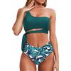 Rayson Donna Vita Alta Costume da Bagno a Due Pezzi Bikini Set Chic Monospalla retrò con Spalline Laterali(Foglie Blu,L)