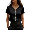 Generic Camicette in raso di seta da donna UK a maniche corte con scollo a V eleganti camicie casual a tunica allentata top con perline alla moda comode magliette per ufficio lavoro camicette da sera per