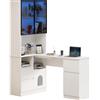 BNUZ Scrivania angolare con scaffale e vetrina, 120 x 80 x 180 cm, bianca, con 3 cassetti, 2 ante, scomparti aperti, scomparto per animali domestici, libreria integrata