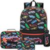 Get Trend Hot Wheels 4 Pezzi Zaino Ragazzo Set per Scuola con Borsa Termica Porta Pranzo, Borraccia 500 ml Senza BPA e Astuccio (Multi Hot Wheels)