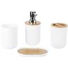 Hyuduo Set Accessori Bagno 4 Pezzi in Plastica Effetto Legno Bianco, Portaspazzolino Portasapone Dispenser Sapone e Tazza, Kit Portaoggetti Compatto per Bagno Casa Moderno