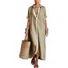 Generic - Abito lungo da donna, a maniche corte, in lino/cotone, con bottoni, stile casual, a vestibilità comoda, con contrasto di colori, ideale per la spiaggia, cachi, S