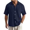Generic Camicia da uomo casual a maniche corte con colletto top button down imitazione cotone lino estate camicia comoda lucida metallizzata t-shirt vacanze spiaggia pullover con tasche, Marina Militare, M