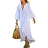 Goolecrimp Abito Extra Lungo in Lino da Donna Cardigan a Maniche Lunghe Orlo con Bottoni Abito a Camicia Maniche Lunghe Scollo a V Abiti Lunghi a Trapezio per Vacanze al Mare (Bianco,L)