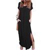 HSAJS Abito a Camicia a Maniche Corte Abiti Lunga Estivo Donna Scollo a V Vestito Donna Elegante Gonna Lunga a Party Cocktail Clubwear Nero Largo Vestiti