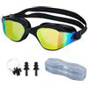SDFWGG Occhialini Nuoto Adulti Piscina Ergonomici Occhialini da Nuoto Antiappannamento con Custodia Rigida 1 Paio di Tappi per Orecchie e Clip Nasale per Piscina Mare Allenamento (Nero Oro)