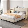 VECELO Letto imbottito da 140 x 200 cm, con porte USB e tipo C, letto matrimoniale con testiera in lino e 2 tasche laterali, telaio stabile e facile da montare, moderno, beige