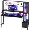 Devoko Scrivania Da Gaming Angolare Con LED E Prese, 140 cm, Arredamento Per Ufficio, Con Ganci E 2 Cassetti In Tessuto, Ideale Per il Telelavoro E I Videogiochi, Nera