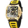 FORSINING Orologio da polso da uomo, in acciaio inox, automatico, con scheletro, quadrato, in silicone, stile retrò, Oro, Retro